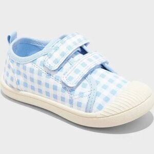 Kids Light Blue Gingham Velcro Sneakers
